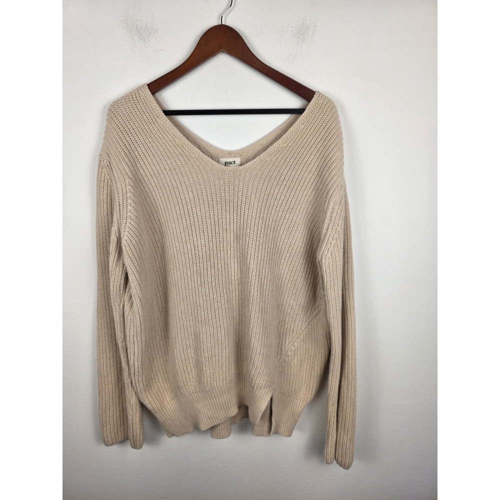 Pact V Neck Knit Sweater Beige Ribbed Long‎ Sleeve Casual Women's Size Large